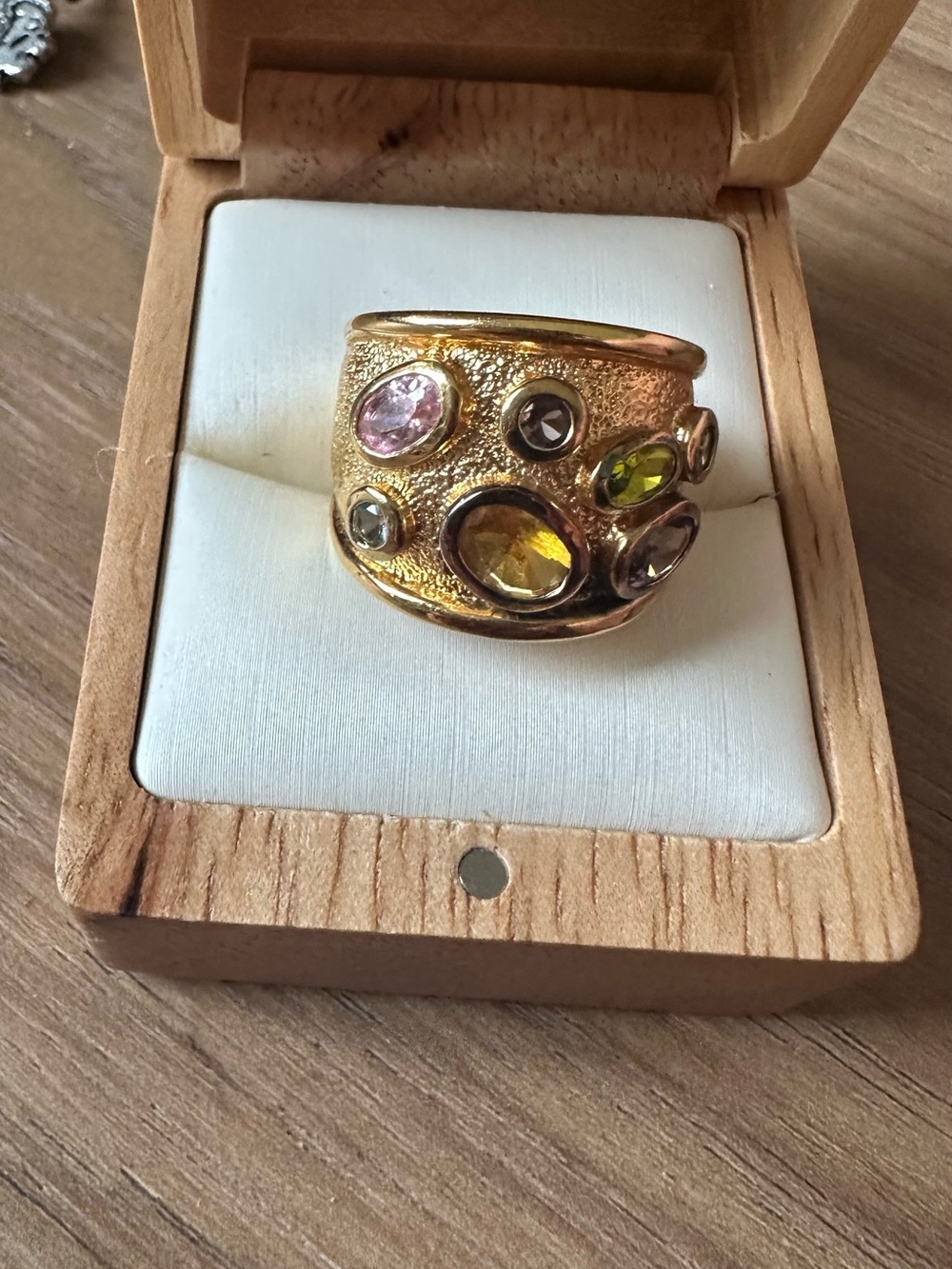 Gold-Tone Sterling Multi-Gem Statement Ring with Pink, Yellow and Green Stones